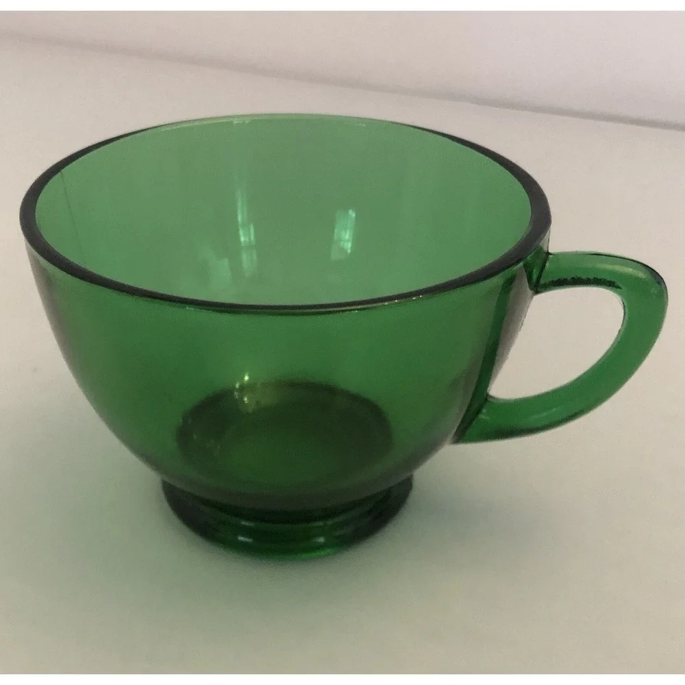 Vintage Anchor Hocking Forest Green Punch Tea Cup Glass‎ Handle Pressed Glass